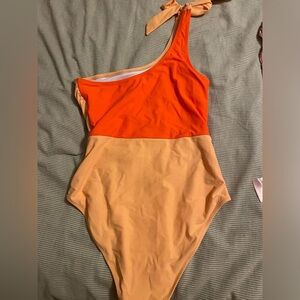 Cupshe one shoulder tie color block orange swimsuit